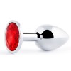 Серебристая анальная пробка с красным стразом - 7,2 см.