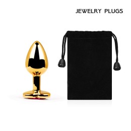 Золотистая анальная пробка с малиновым кристаллом-сердечком - 7 см.