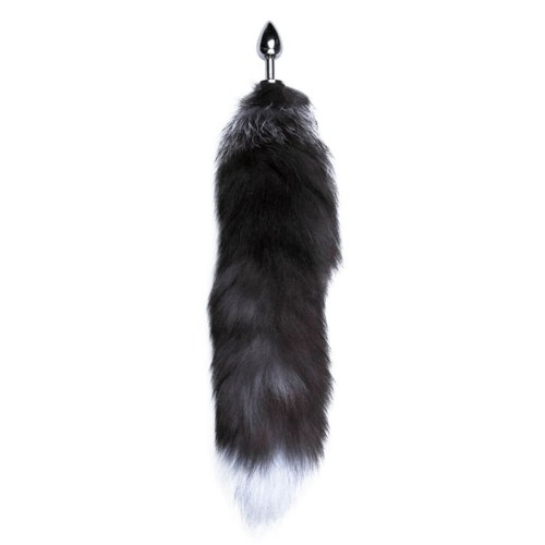 Серебристая анальная пробка с темным лисьим хвостом Black & White Fox Tail Size S