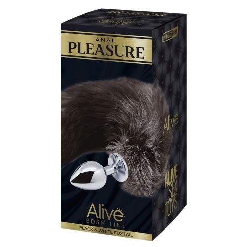 Серебристая анальная пробка с темным лисьим хвостом Black & White Fox Tail Size S