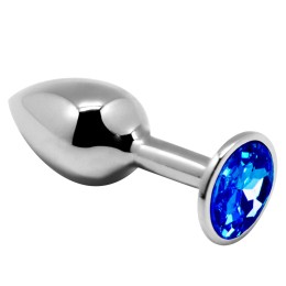 Серебристая анальная втулка с синим кристаллом Mini Metal Butt L - 9 см.