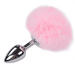 Серебристая анальная втулка с розовым хвостиком Alive Metal Anal Fluffly Plug S