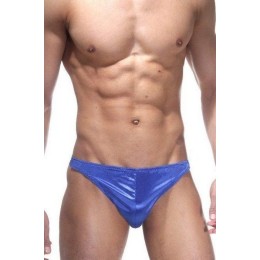 Синие трусы-тонги с застежкой сбоку и сатиновым блеском