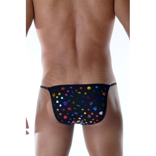 Черные мужские трусы-танга с разноцветными сердечками