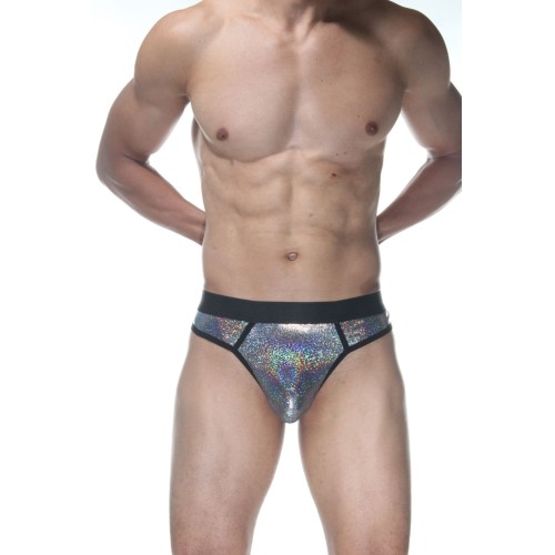 Серебристые блестящие мужские трусы-стринги