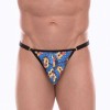 Синие мужские трусы-тонги с разноцветным принтом