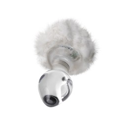 Стеклянная анальная втулка с белым хвостиком - 14 см.