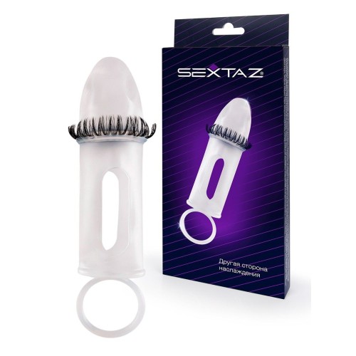 Закрытая насадка на пенис с подхватом мошонки и стимулирующими «ресничками»