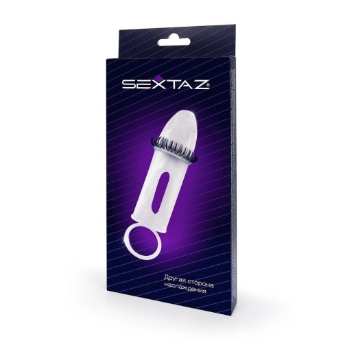 Закрытая насадка на пенис с подхватом мошонки и стимулирующими «ресничками»