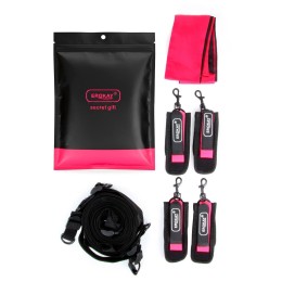 Черно-розовый эротический набор: фиксатор, оковы, наручники, повязка