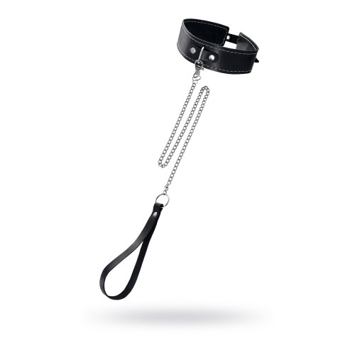 Кожаный двухслойный ошейник с белой строчкой и поводком