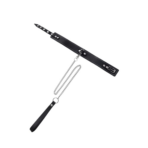 Кожаный двухслойный ошейник с белой строчкой и поводком