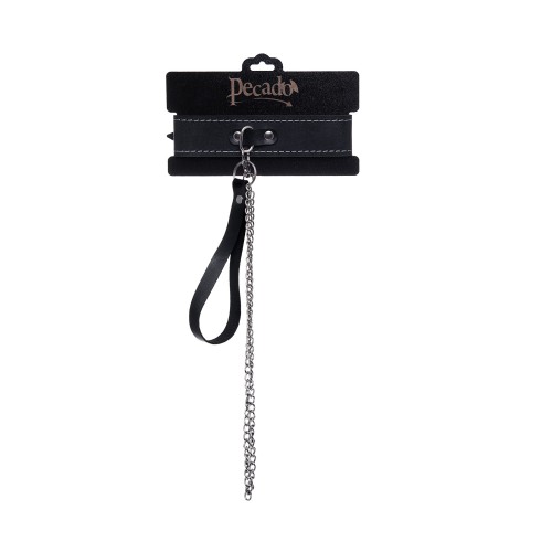 Кожаный двухслойный ошейник с белой строчкой и поводком