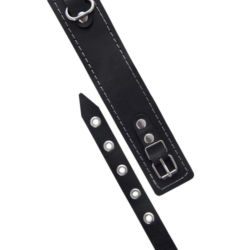 Кожаный двухслойный ошейник с белой строчкой и поводком