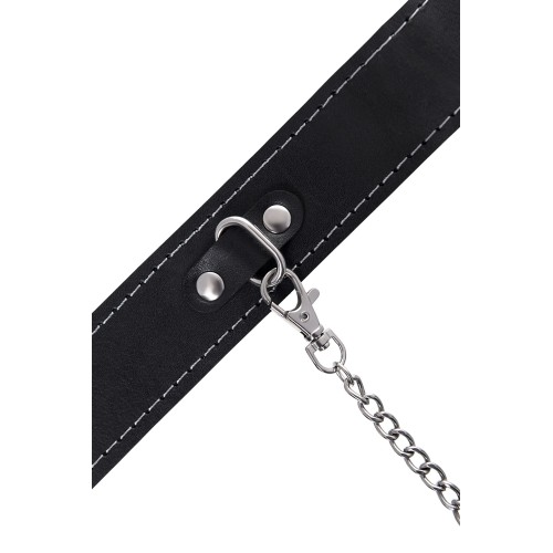 Кожаный двухслойный ошейник с белой строчкой и поводком