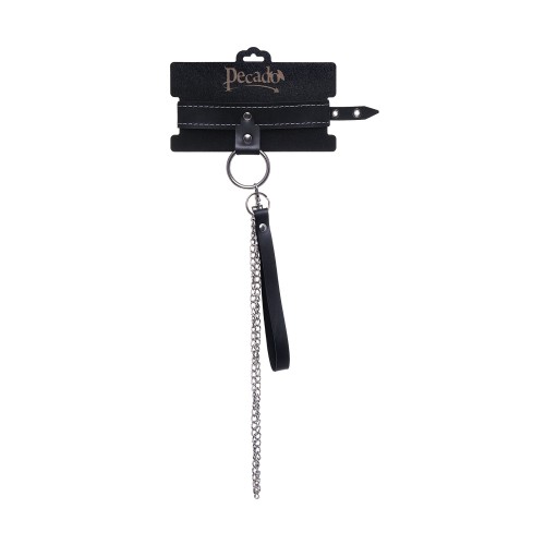 Черный узкий однослойный ошейник с серебристым поводком-цепочкой