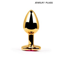Золотистая анальная пробка с малиновым кристаллом - 9 см.