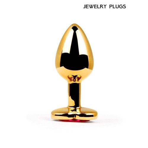 Золотистая анальная пробка с красным кристаллом - 9 см.