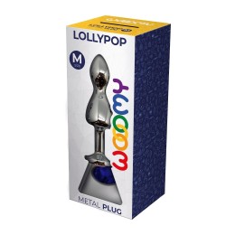 Серебристая анальная втулка Wooomy Lollypop M с синим кристаллом - 9,4 см.