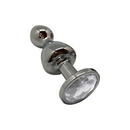 Серебристая анальная втулка Wooomy Lollypop L с прозрачным кристаллом - 10,5 см.