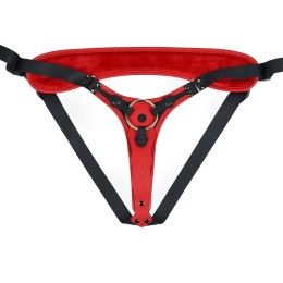 Красно-черный женский пояс с 2 способами крепления насадок и вагинальной пробкой