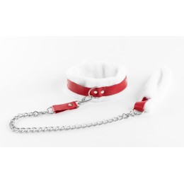 Бело-красный ошейник из натуральной кожи с нежным мехом