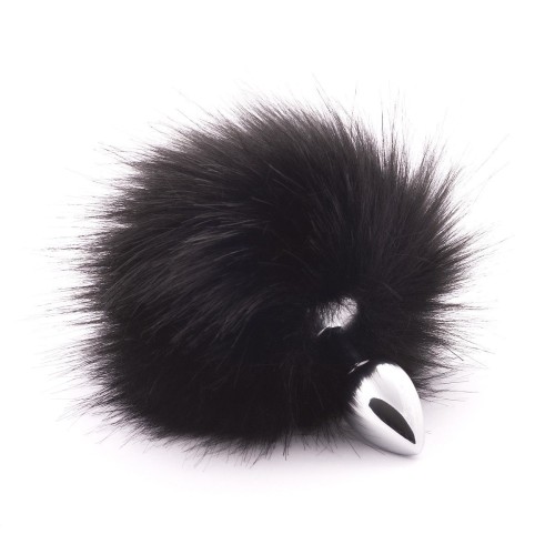 Серебристая анальная пробка с черным хвостиком из искусственного меха