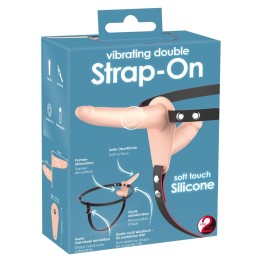 Телесный двойной вибрострапон с вибрацией Vibrating Double Strap-On - 15 см.