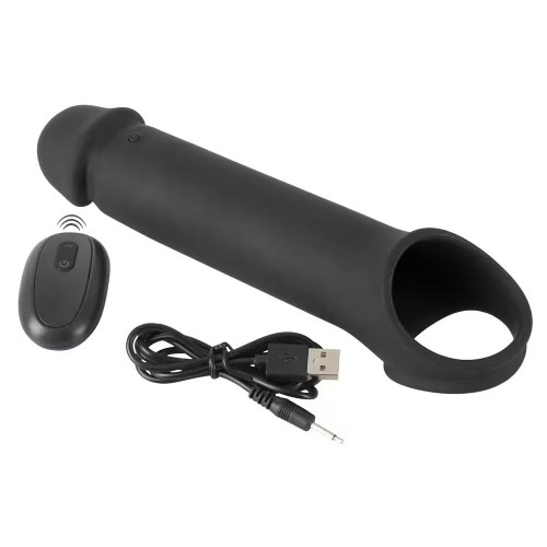 Черная вибронасадка для пениса с хомутом для мошонки и пультом ДУ Remote Controlled Penis Extension