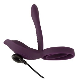 Фиолетовая насадка на член с клиторальным отростком и пультом ДУ RC Couple’s Vibrator 2