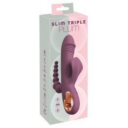 Сливовый вибратор с клиторальным отростком и анальным хвостом Slim Triple Plum - 21,4 см.