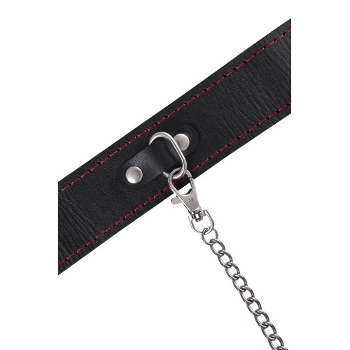 Кожаный двухслойный ошейник с красной строчкой и поводком