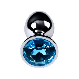Серебристая конусовидная анальная пробка с голубым кристаллом - 7 см. 