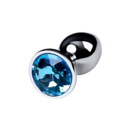 Серебристая конусовидная анальная пробка с голубым кристаллом - 7 см. 