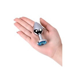 Серебристая конусовидная анальная пробка с голубым кристаллом - 8 см. 