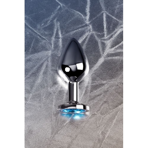 Серебристая конусовидная анальная пробка с голубым кристаллом - 8 см. 