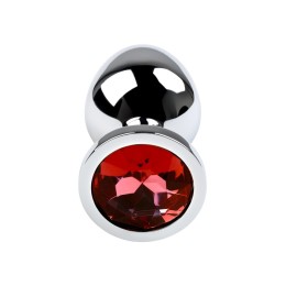 Серебристая коническая анальная пробка с красным кристаллом - 8 см. 