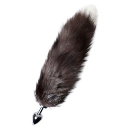 Серебристая металлическая анальная втулка с хвостом чернобурой лисы - размер S