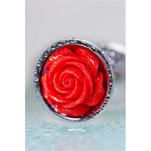 Серебристая анальная втулка с красной розочкой - 8 см.