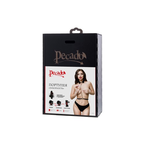 Черная портупея-чокер с поводком и карабином в виде кольца