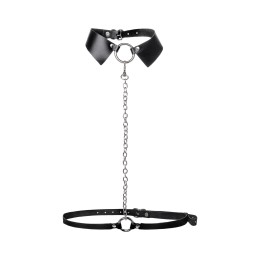 Черная портупея-чокер с поводком и карабином в виде кольца
