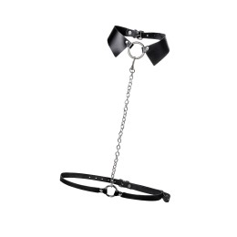 Черная портупея-чокер с поводком и карабином в виде кольца