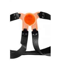 Телесный фаллопротез на черных ремнях Conall - 15 см.