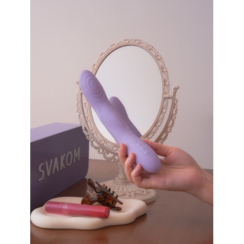 Сиреневый интерактивный вибромассажёр Selena с поступательными движениями и нагревом - 21 см.