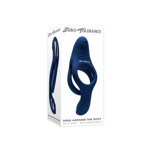 Синее эрекционное виброкольцо с двойным подхватом мошонки Ring Around The Rosy