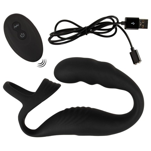 Черное эрекционное кольцо со стимуляцией промежности и анальной пробкой Cock Ring with RC Prostate Plug