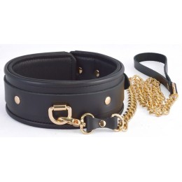 Черный ошейник с золотистым поводком