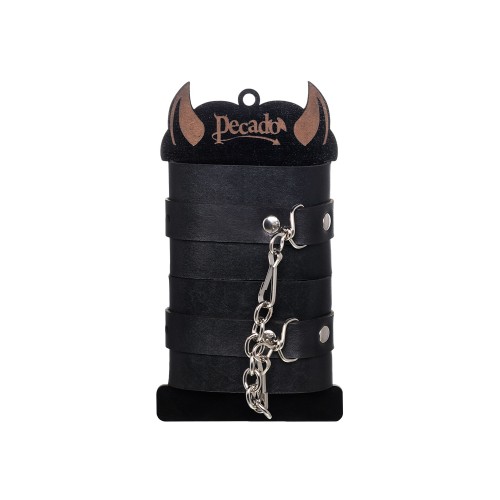 Черные однослойные наручники из натуральной кожи с цепочкой