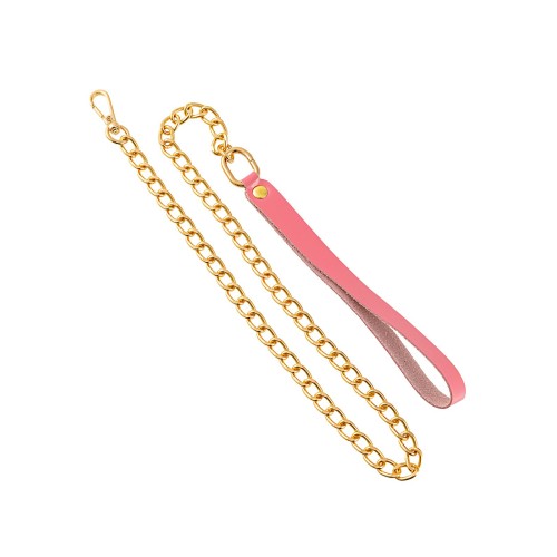 Розовый кожаный поводок с карабином для ошейника - 80 см.