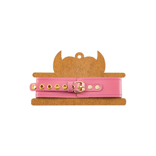 Розовый кожаный однослойный ошейник с прошивкой